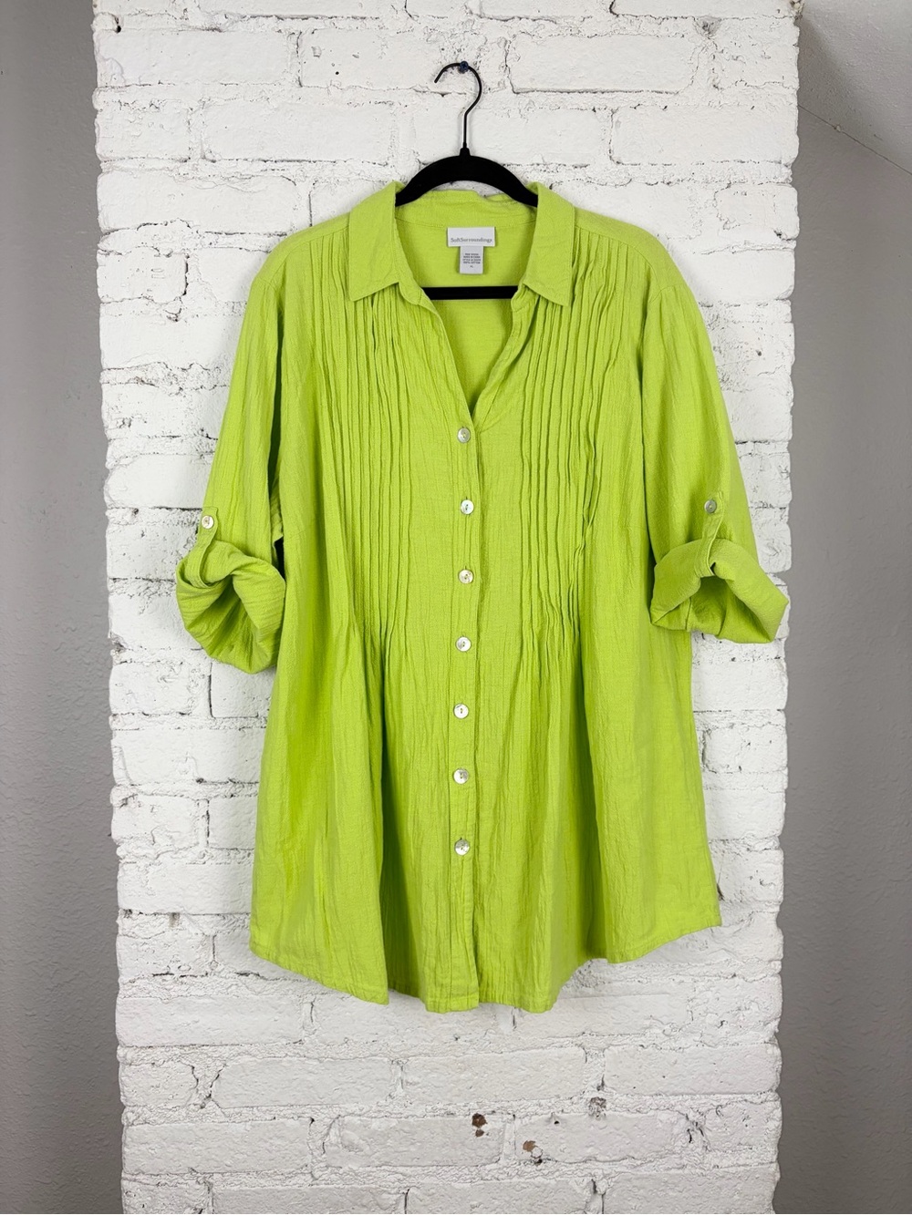 Soft Surroundings Lime Green Gauzy Cotton Shell Button Down Blouse XL